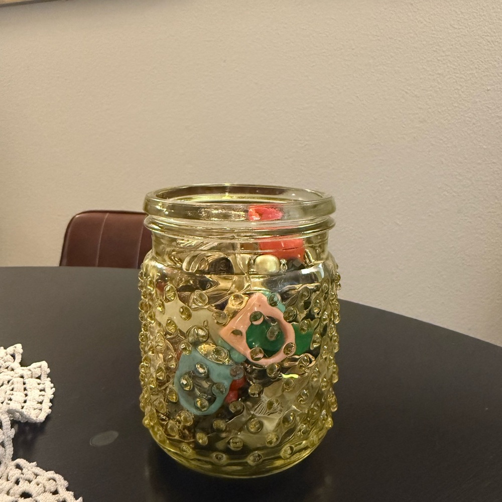 Decorative Yellow Hobnail Glass Mason Jar with junk craft jewelry random inside